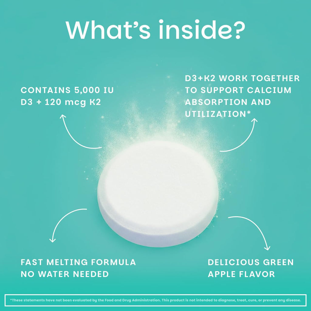 EZ Melts Dissolvable Vegan Vitamin D3 + K2 5,000 IU - Bone & Heart Health Support - Immune Function Support - No Artificial Flavors - Non-GMO - Green Apple