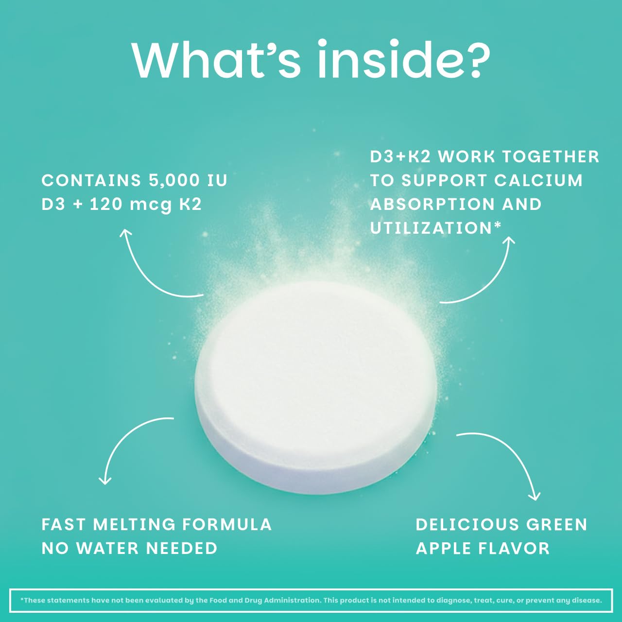 EZ Melts Dissolvable Vegan Vitamin D3 + K2 5,000 IU - Bone & Heart Health Support - Immune Function Support - No Artificial Flavors - Non-GMO - Green Apple