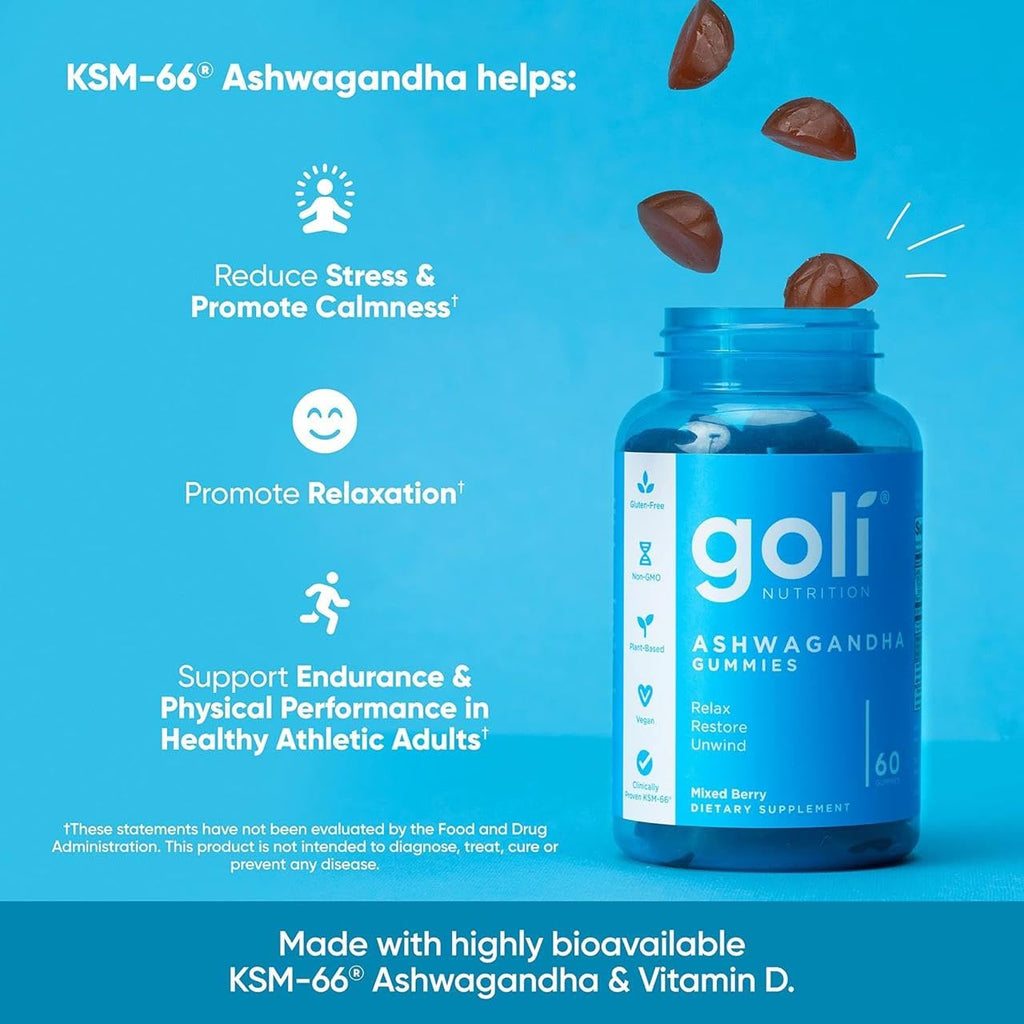 Goli Ashwagandha & Vitamin D Gummy - 60 Count - Mixed Berry, KSM-66, Vegan, Plant Based, Non-GMO, Gluten-Free & Gelatin Free Relax. Restore. Unwind, Pack of 1 Goli Au supplements