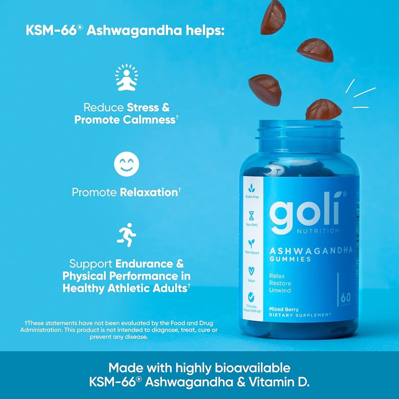 Goli Ashwagandha & Vitamin D Gummy - 60 Count - Mixed Berry, KSM-66, Vegan, Plant Based, Non-GMO, Gluten-Free & Gelatin Free Relax. Restore. Unwind, Pack of 1 Goli Au supplements
