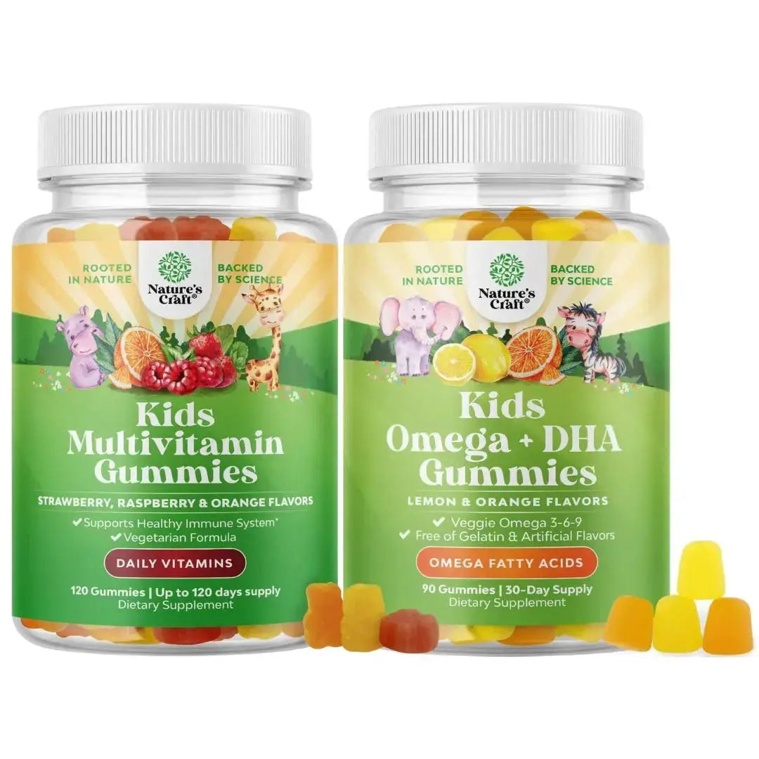 Bundle of Plant Based Kids Multivitamin Gummies with Vitamins A C D3 E B Zinc and DHA Omega 3 Gummies with Vegetarian 6 9 for Vision Brain Immunity Support Natures Craft Au supplements