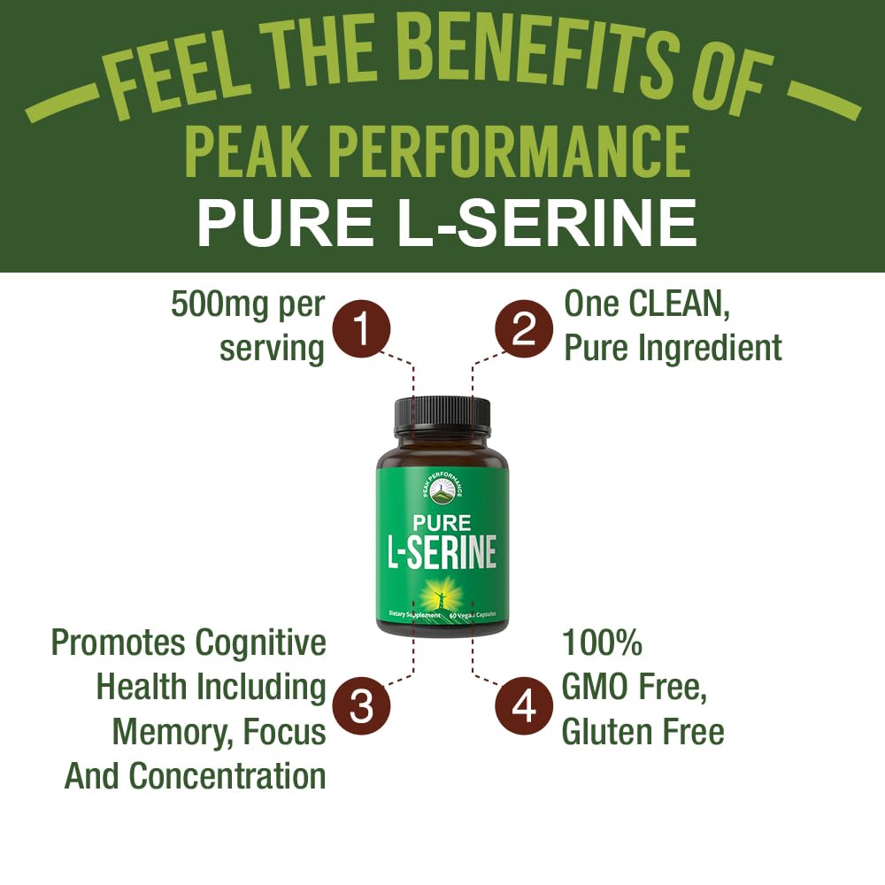 Peak Performance L-Serine Capsules 500mg Best Brain and Nootropic Amino Acids for Production of L-Cystine, L-Tryptophan and Serotonin. USA Grade L Serine Pills. Non-GMO Supplement (60 Servings) Peak Performance Au supplements