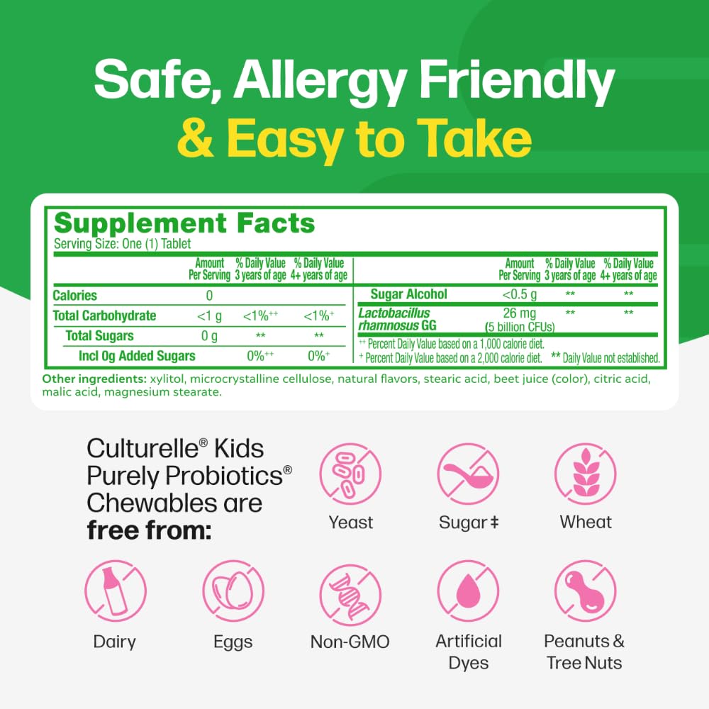 Culturelle Kids Chewable Daily Probiotic for Kids, Ages 3+, 30 Count, #1 Pediatrician-Recommended Brand, Natural Berry Flavored Daily Probiotics