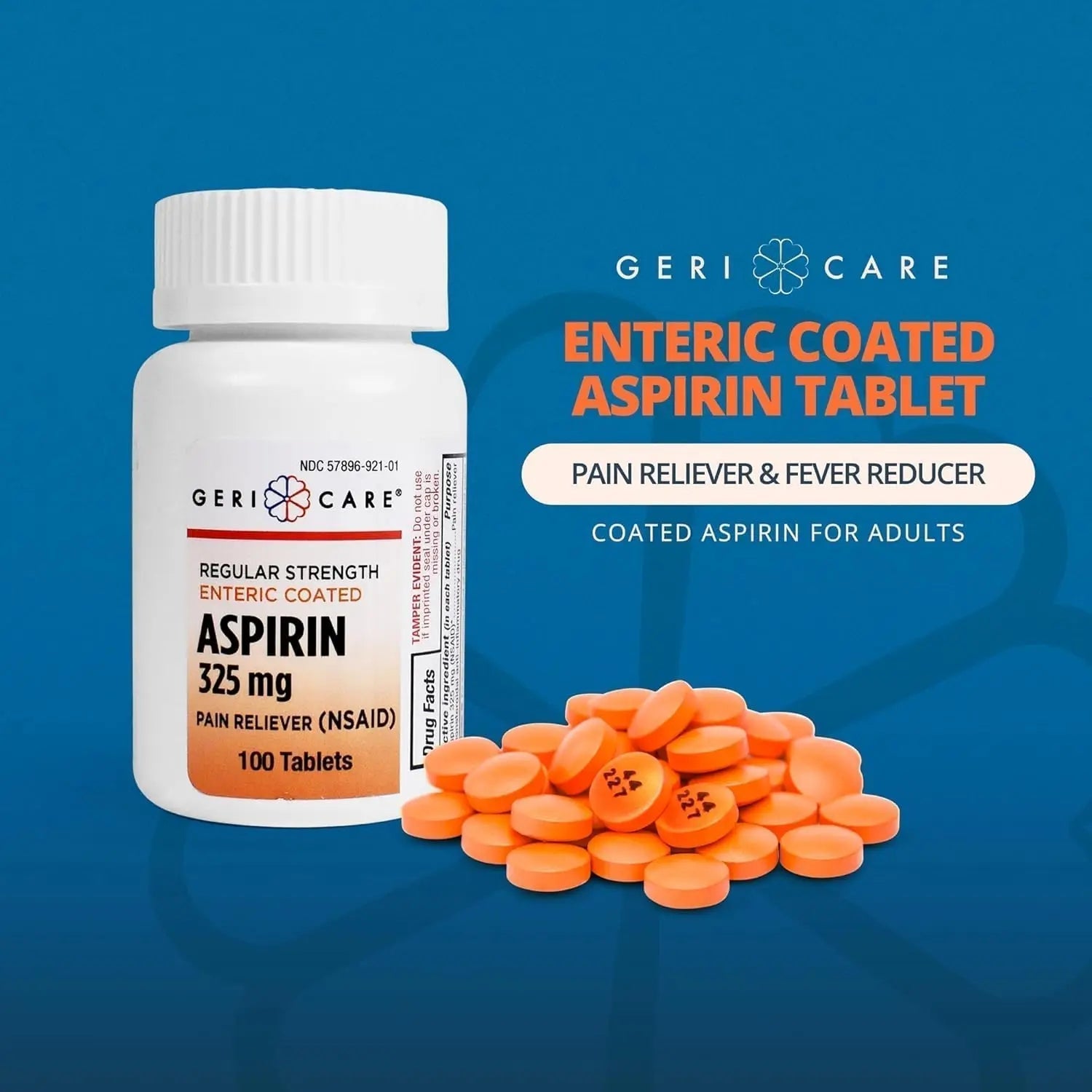 Enteric Coated Aspirin Tablets 325mg (100 Count) by GeriCare- NSAID Pain Reliever & Fever Reducer Coated Aspirin for Adults- Regular Strength Aspirin for Headache Arthritis Menstrual & Muscle Pain GeriCare Au supplements