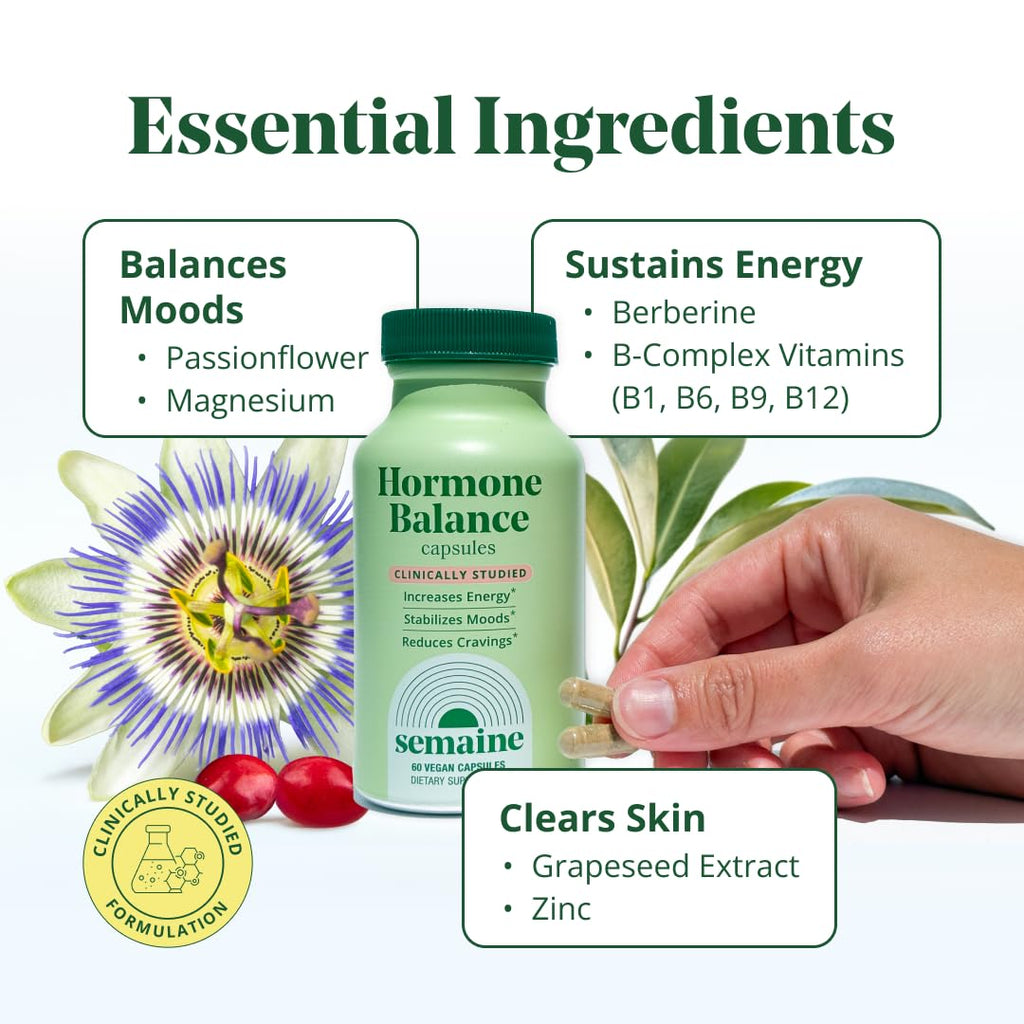 Semaine Hormone Balance – Clearer Skin, Enhanced Moods, Deeper Sleep & Happier Hormones. Hormone-Free, Vegan Capsule, Multi-Symptom Support (60 ct) Semaine Au supplements