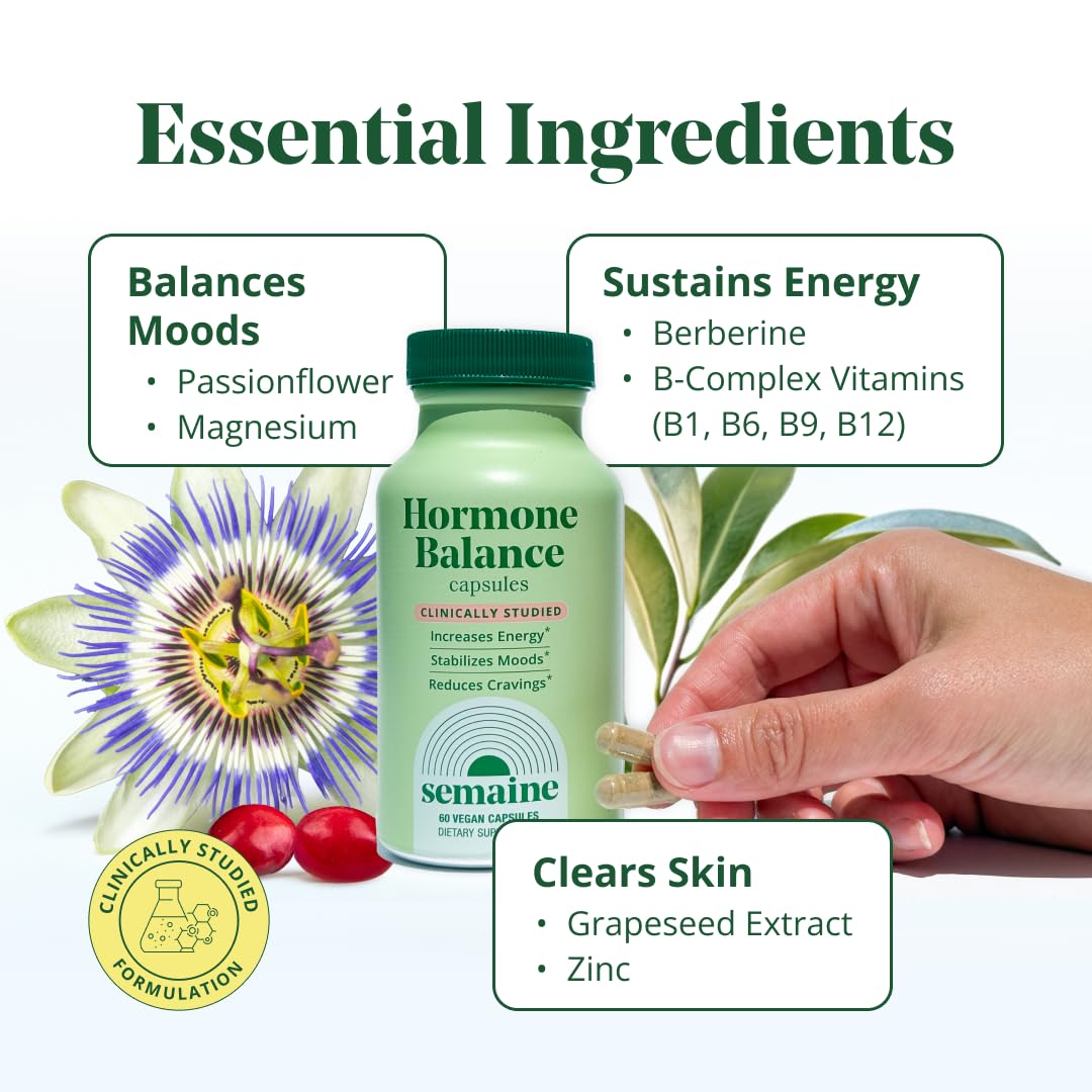 Semaine Hormone Balance – Clearer Skin, Enhanced Moods, Deeper Sleep & Happier Hormones. Hormone-Free, Vegan Capsule, Multi-Symptom Support (60 ct) Semaine Au supplements