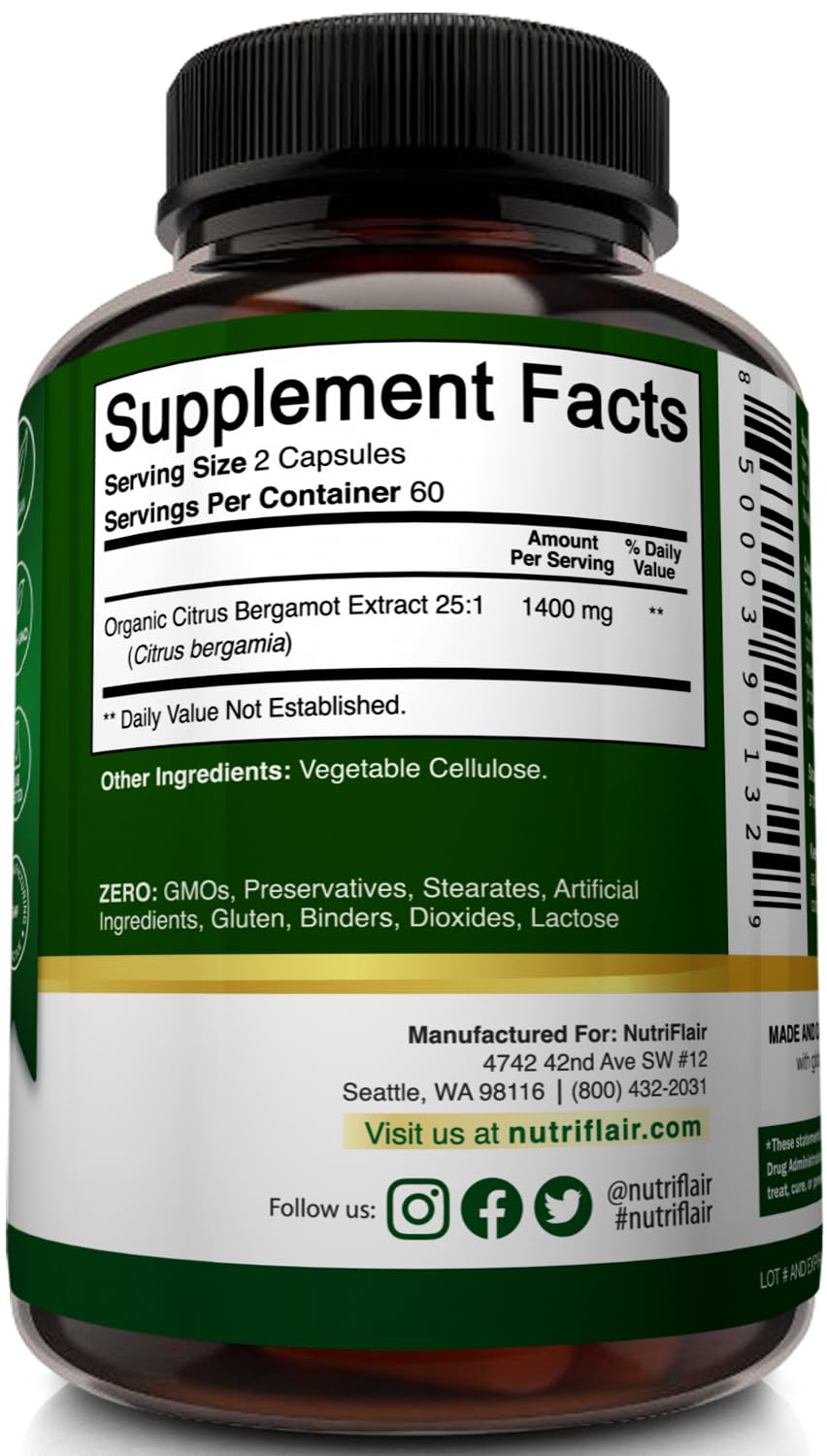 NutriFlair Organic Citrus Bergamot 1400mg, 120 Capsules - 25:1 Bergamia - Essential Oil and Citrus Bioflavonoids - Natural Heart Health Supplements