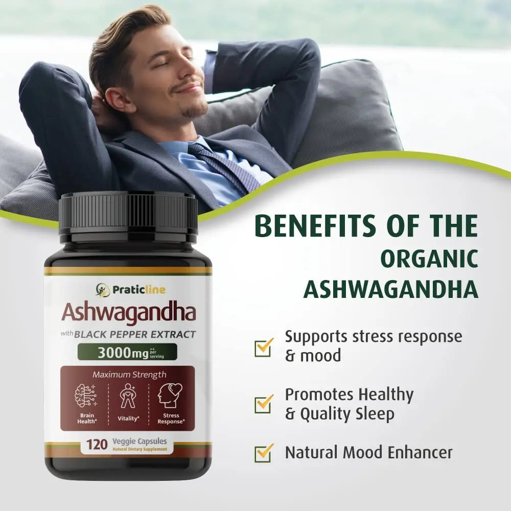 PRATIC LINE Ashwagandha Capsules 3,000 mg - 120 Vegan Cap Made with Organic PRATIC LINE Au supplements