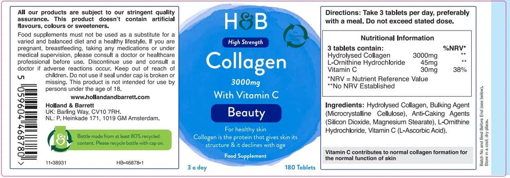 Holland & Barrett Bovine Collagen Tablet 3000mg - Type I Collagen Peptides - Hydrolysed Collagen with Vitamin C - Hair, Skin & Nails Holland & Barrett Au supplements
