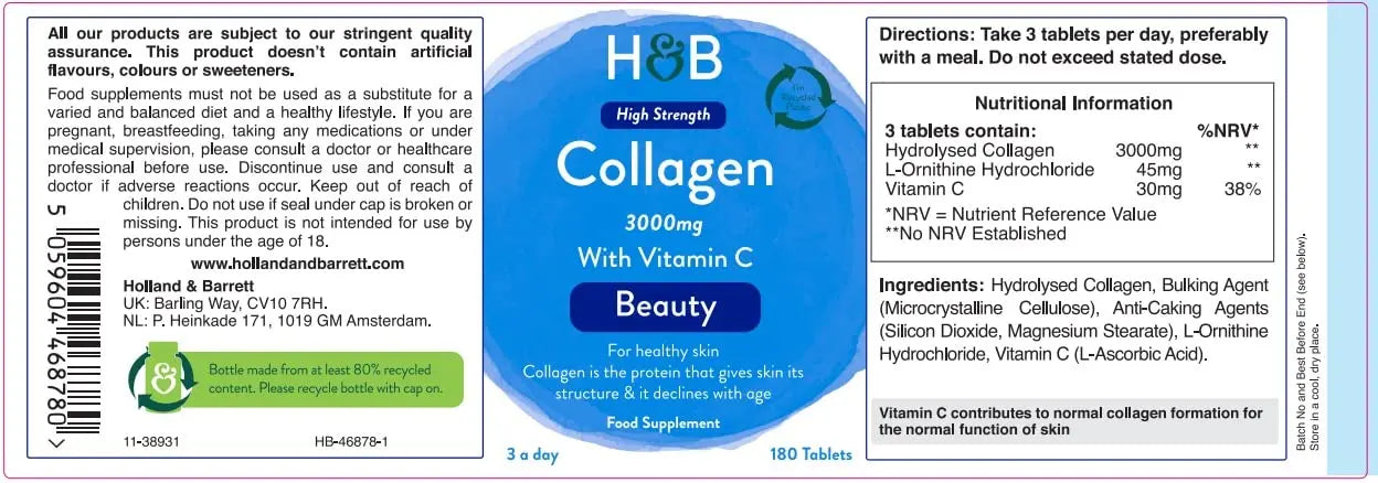 Holland & Barrett Bovine Collagen Tablet 3000mg - Type I Collagen Peptides - Hydrolysed Collagen with Vitamin C - Hair, Skin & Nails Holland & Barrett Au supplements