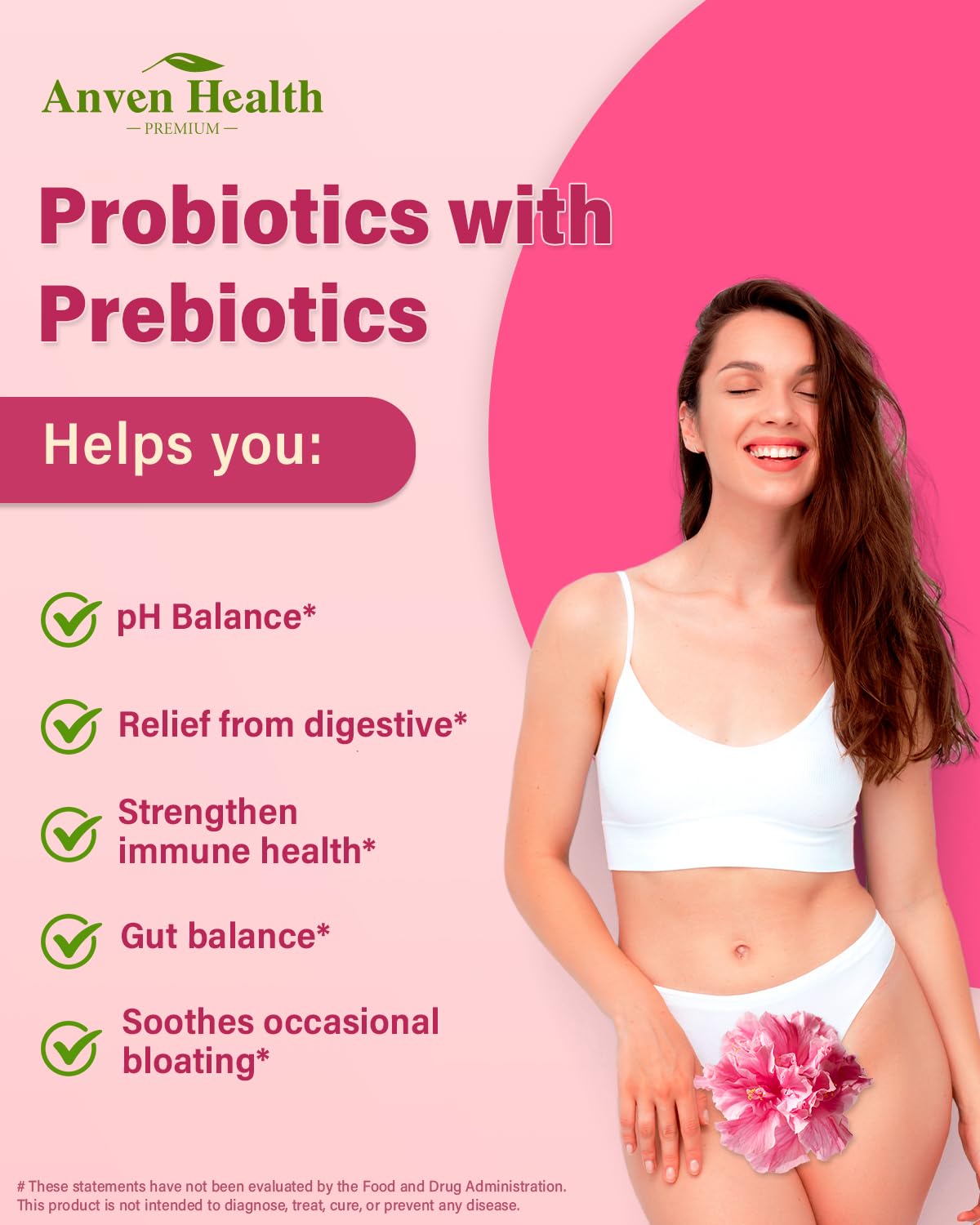 Anven Health Probiotics and Prebiotics for Women pH Balance & Digestion - 60 Billion Vaginal Probiotic with Cranberry & D-Mannose for Gut, Urinary, Immune Health,