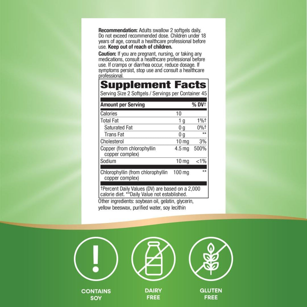 Nature’s Way Chlorofresh Chlorophyll Concentrate Softgels, Chlorophyllin Copper Complex, Internal Deodorant Supplement, Supports Healthy Skin and Detox Pathways
