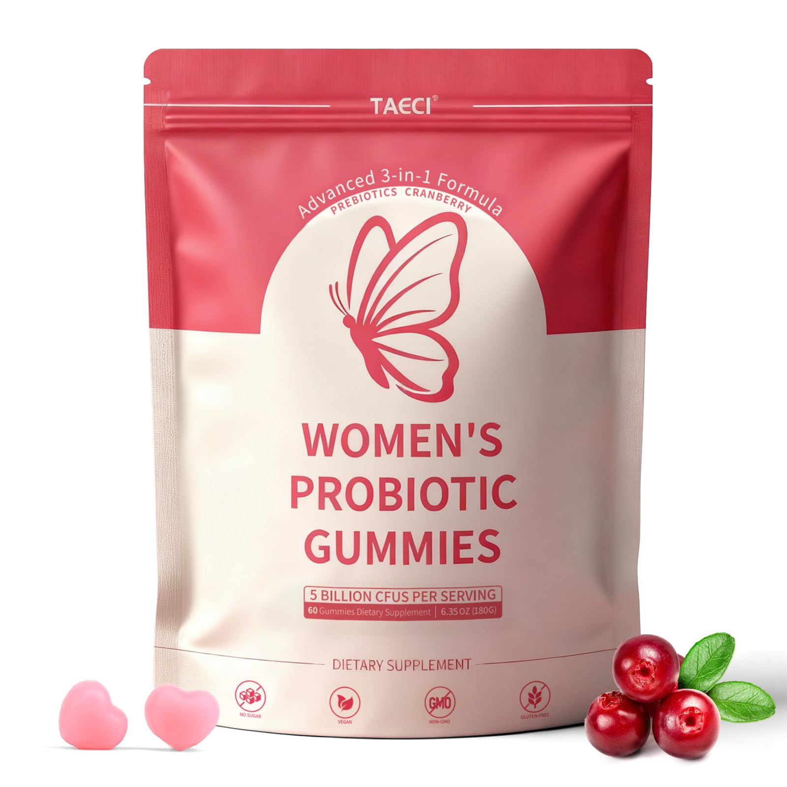 Taeci Vaginal Probiotic Gummies for Women – 5 Billion CFU with Prebiotic & Cranberry Extract – Supports pH Balance, Healthy Odor & Gut Health