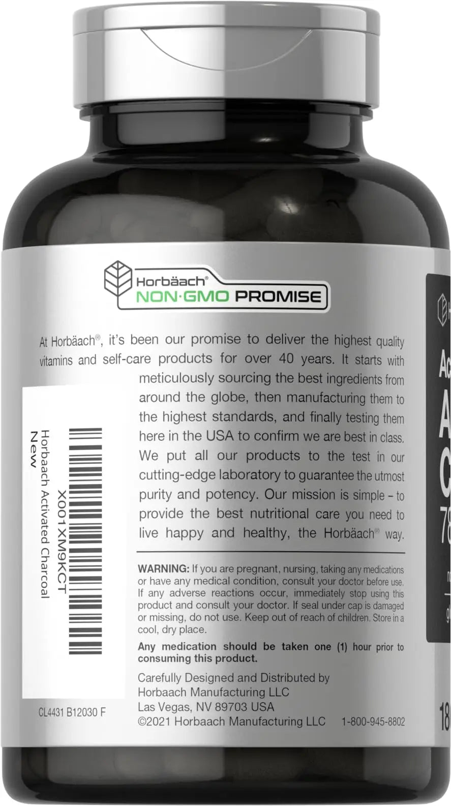 Charcoal Pills 780mg | 180 Capsules | Activated Charcoal from Coconut Shells | Non-GMO Horbäach Au supplements