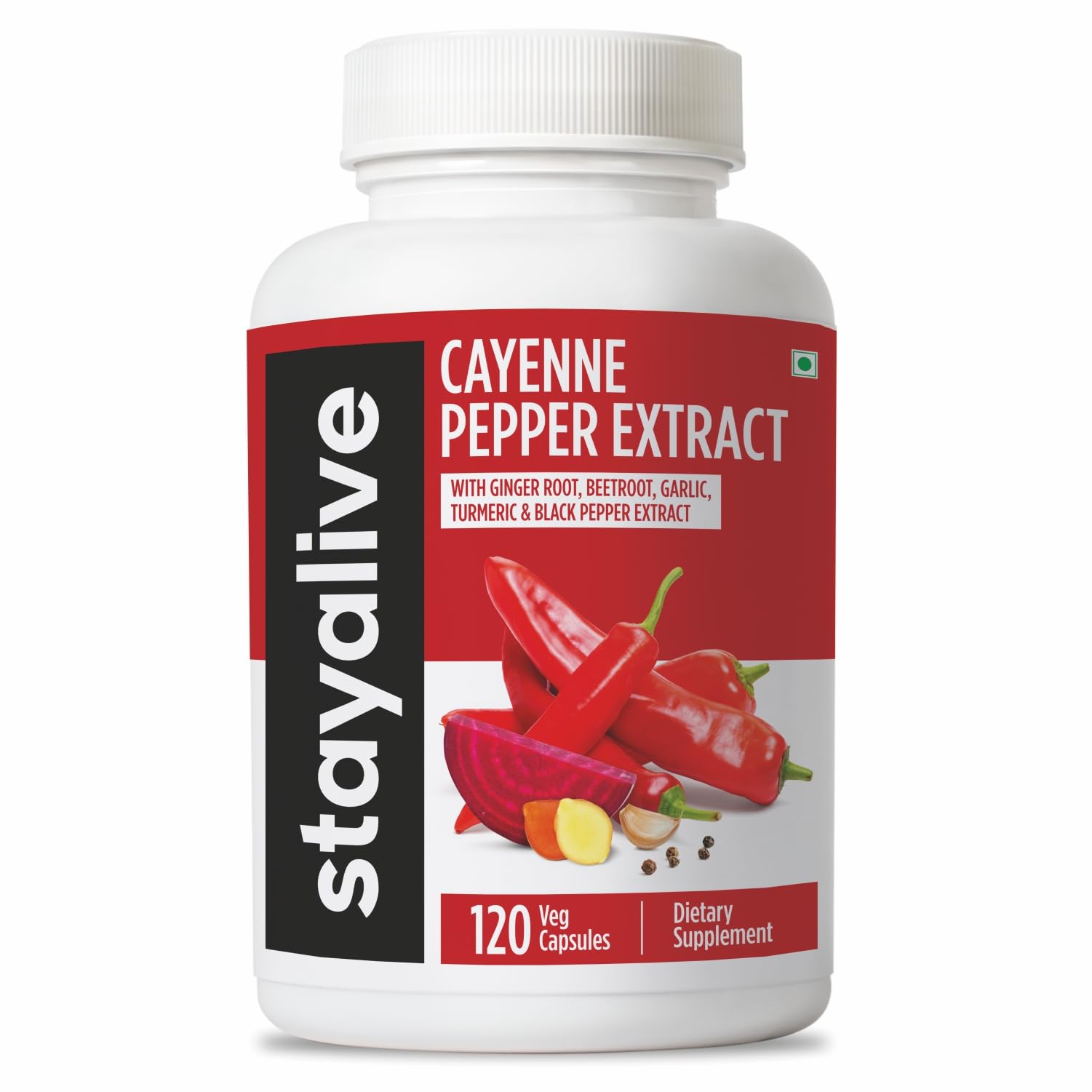 STAY ALIVE Cayenne Pepper Capsules, 6-in-1 Capsicum Blend w/Ginger, Garlic, Turmeric, Beet Root, and Black Pepper Extract, 120 Cayenne Capsules,