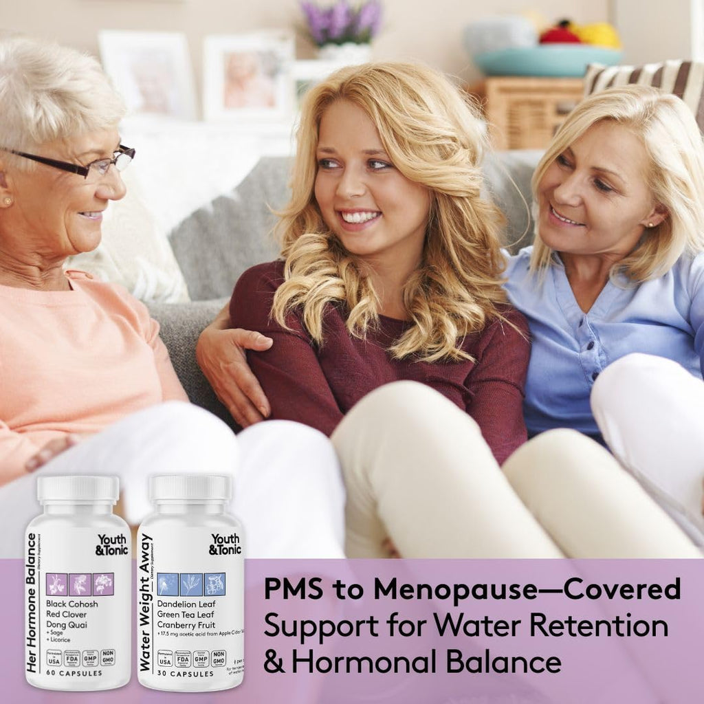 Youth & Tonic PMS & Menopause Bloating Relief Duo – Support for Puffiness, Hormonal Balance & Fluid Retention – Her Hormone Balance + Water Weight Away Natural Herbs for Women, 90 Capsules Youth & Tonic Au supplements