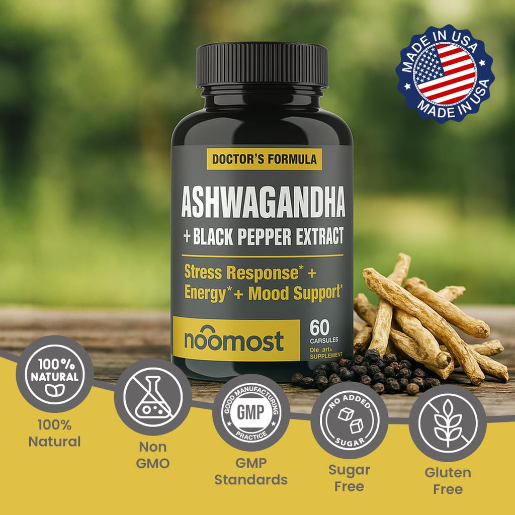 NooMost Organic Ashwagandha 400mg Capsules w/Black Pepper Extract as Vegan Ashwagandha Supplements for Anti Stress Relief, Natural Mood Support, Energy & Focus-60 Capsules NooMost Au supplements