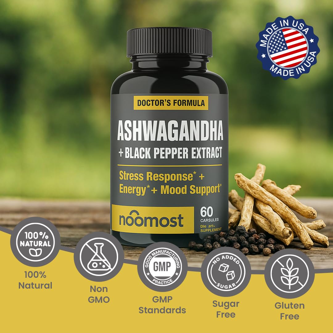 NooMost Organic Ashwagandha 400mg Capsules w/Black Pepper Extract as Vegan Ashwagandha Supplements for Anti Stress Relief, Natural Mood Support, Energy & Focus-60 Capsules NooMost Au supplements