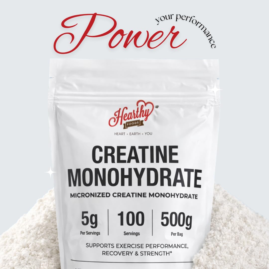 HEARTHY FOODS Creatine Monohydrate Micronized Powder 500G - 100 Servings, 5000mg Per Serving (5g) - for Men & Women Muscle Growth
