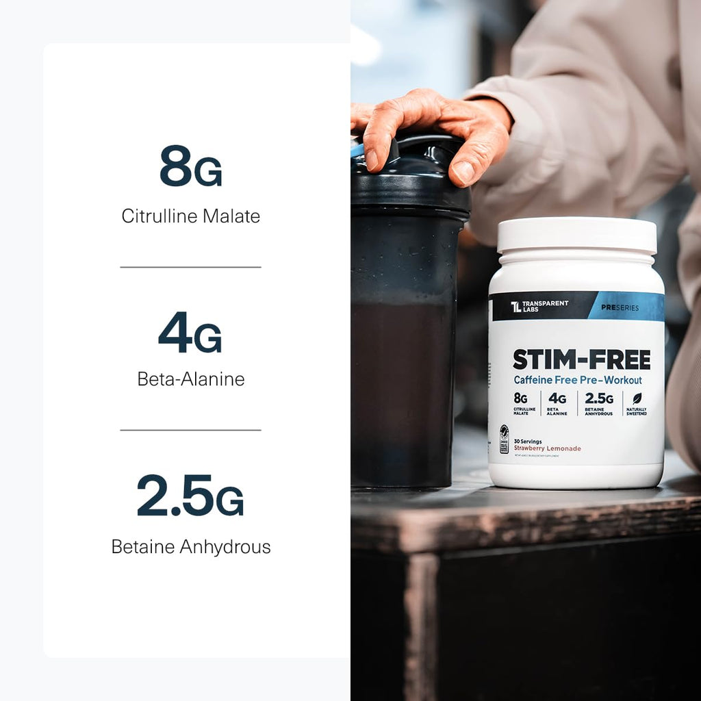 Transparent Labs Stim-Free Pre-Workout - Caffeine & Stim Free Pre Workout Powder for Men and Women with Beta Alanine Powder, Citrulline Malate, & elevATP - 30 Servings, Strawberry Lemonade