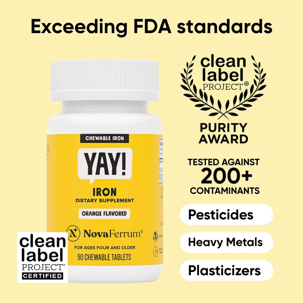 NovaFerrum Yay | Chewable Iron Supplement for Kids & Adults Ages 4 and Over | 18mg of Iron | 90 Servings | Sugar Free