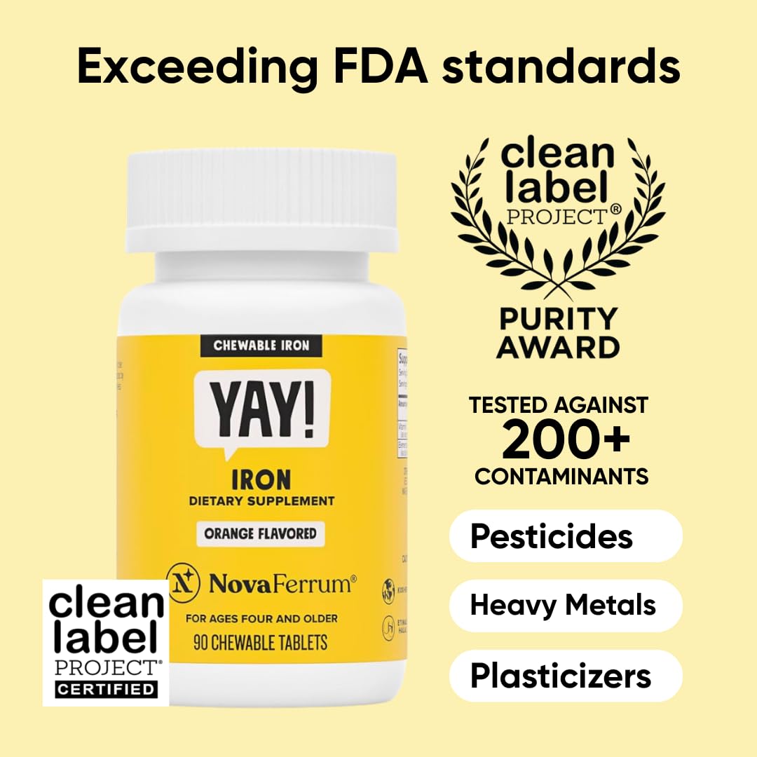 NovaFerrum Yay | Chewable Iron Supplement for Kids & Adults Ages 4 and Over | 18mg of Iron | 90 Servings | Sugar Free