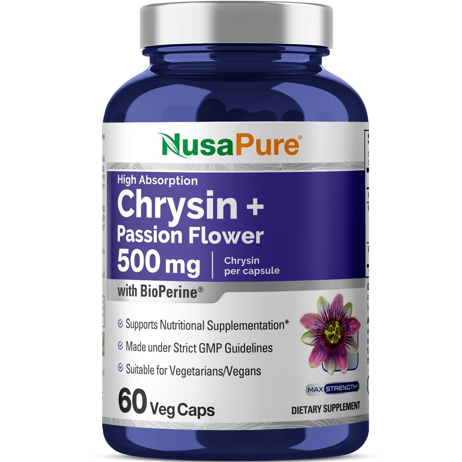 NusaPure Chrysin 500mg, 60 Veggie Capsules | Passion Flower Complex 500mg Supplement | 5, 7-Dihydroxyflavone | Concentrated Extract | Non-GMO, BioPerine & Vegan NusaPure Au supplements