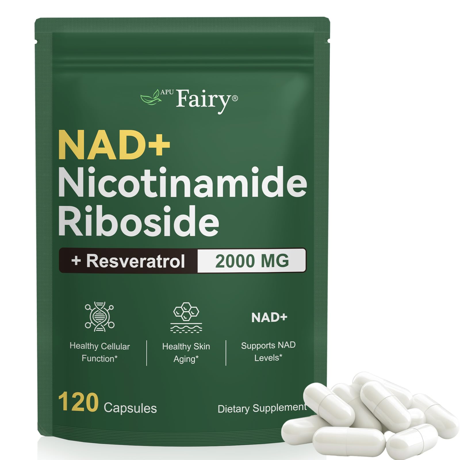 APU.FAIRY NAD Supplement,NAD Nicotinamide Riboside,Extra Strength NAD Alternative Liposomal,Boost NAD & Resveratrol + for Women & Men,Energy Anti-Aging,Cell Regeneration,120 Capsules sack-120 APU.FAIRY Au supplements