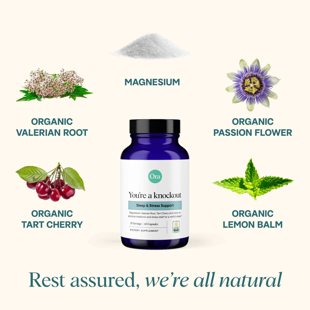 Ora Organic Natural Sleep Aid Supplement Stress Support Calming Herbal Blend with Melatonin from Tart Cherry - Includes Magnesium Citrate, Valerian Root, and Lemon Balm - 1 Month Supply, 60 Capsules Ora Organic Au supplements