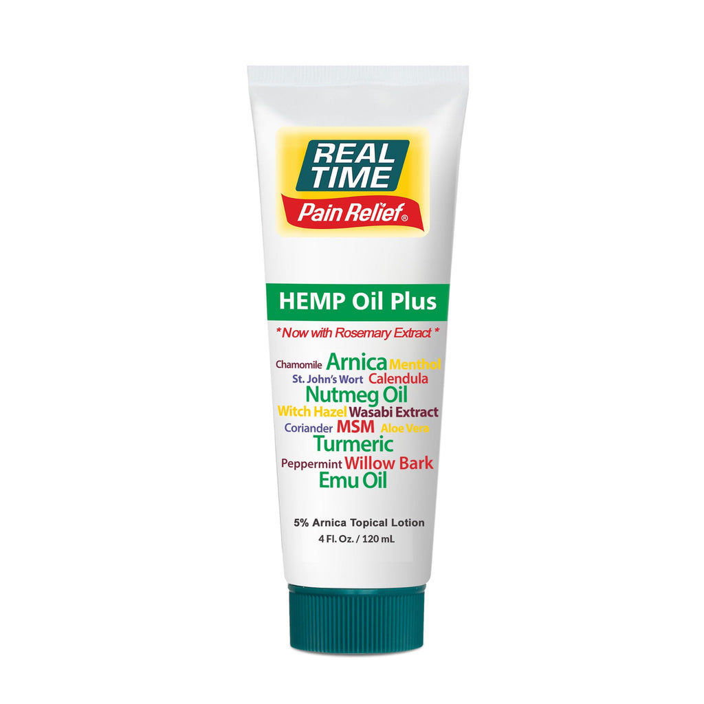 Real Time Pain Relief Hemp Oil Plus 4oz Tube | 20 Natural Ingredients: 5% Arnica & Turmeric | Fast Absorbing Lotion for Muscles, Hands, Feet, Ankles, Back, Shoulders, Knees & Joints Discomfort Real Time Pain Relief Au supplements