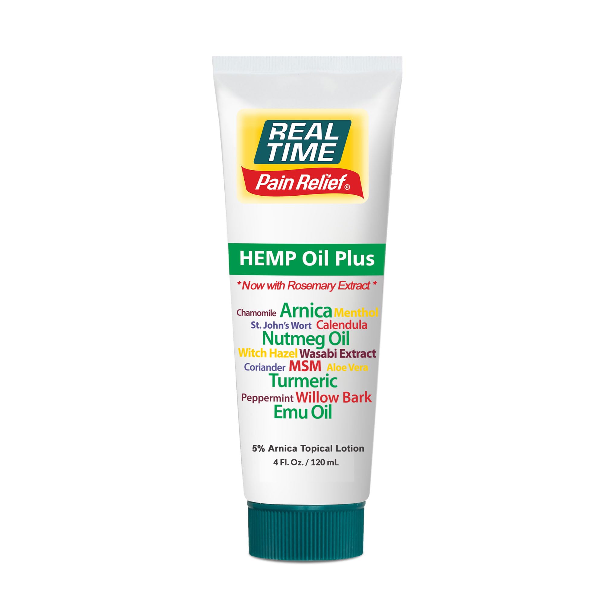 Real Time Pain Relief Hemp Oil Plus 4oz Tube | 20 Natural Ingredients: 5% Arnica & Turmeric | Fast Absorbing Lotion for Muscles, Hands, Feet, Ankles, Back, Shoulders, Knees & Joints Discomfort Real Time Pain Relief Au supplements