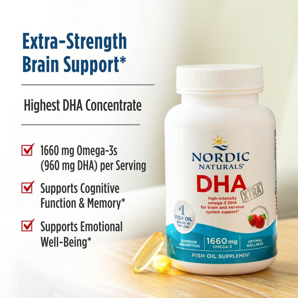 Nordic Naturals DHA Xtra, Strawberry - 90 Soft Gels - 1660 mg Omega-3 - High-Intensity DHA Formula for Brain & Nervous System Support