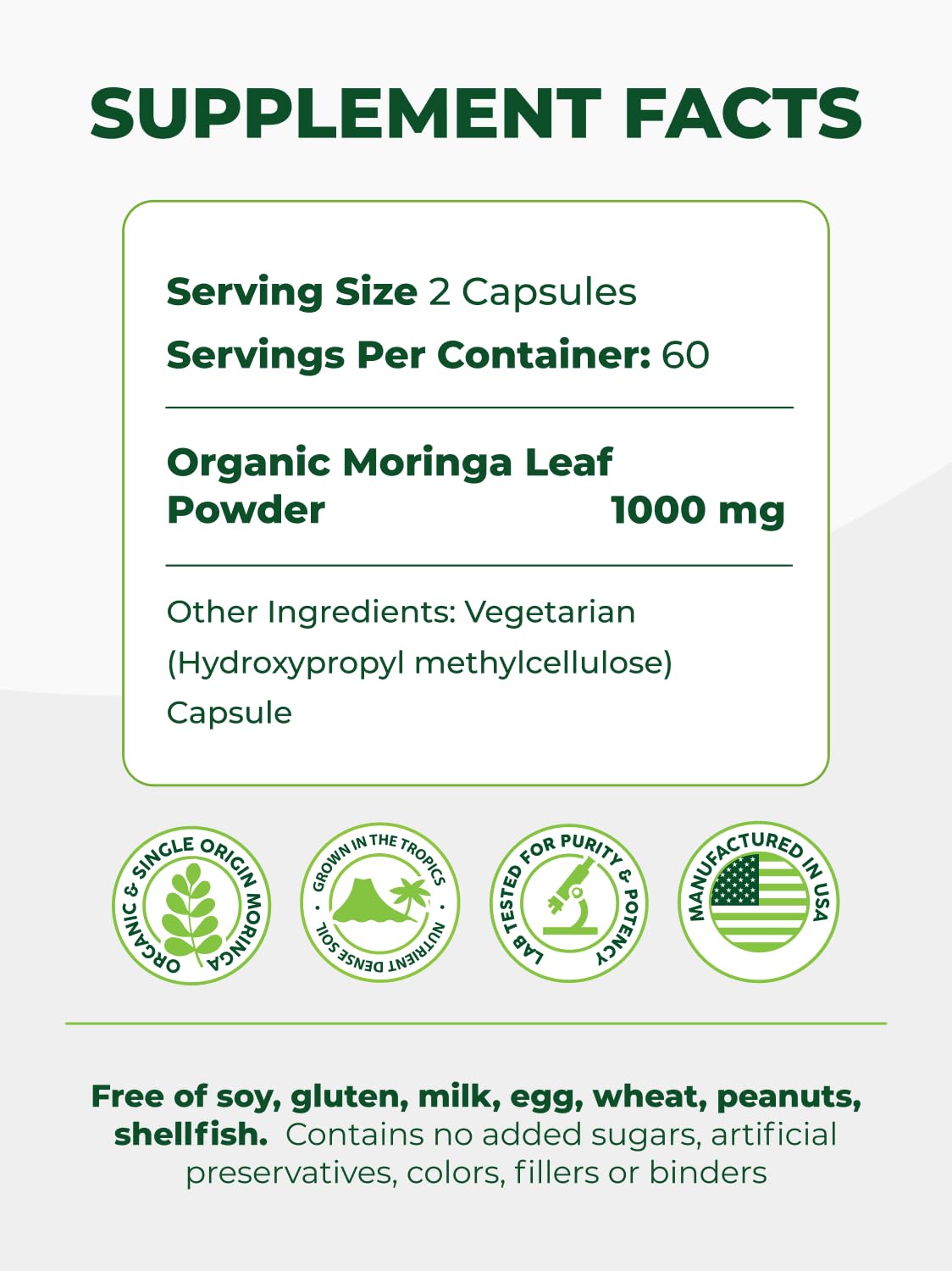 PURA VIDA MORINGA Organic Moringa Capsules, Pure Moringa Leaf Powder Single Origin for Energy, Metabolism & Immune Support