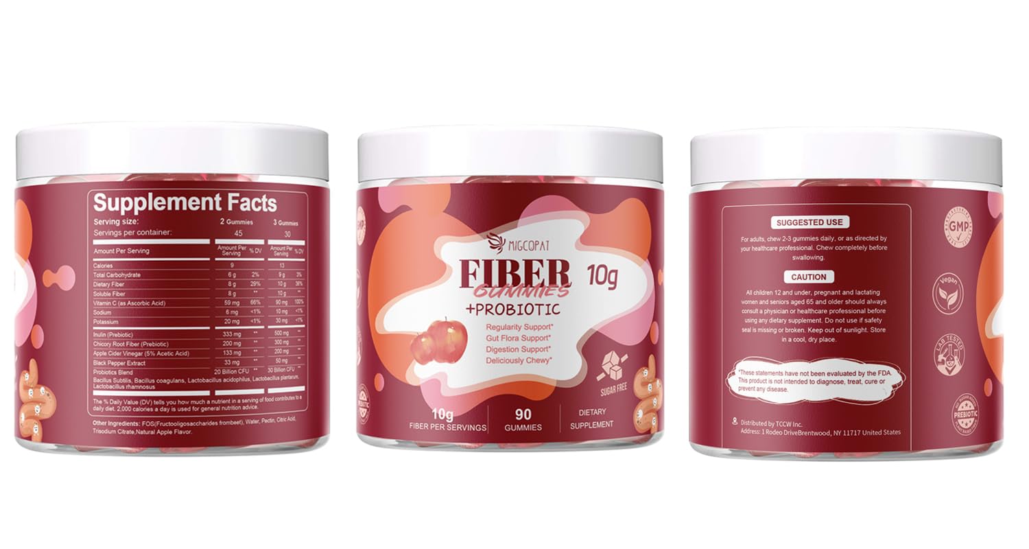 Migcopat Fiber Gummies with Probiotics,10G Fiber per Serving No Sugar Added Apple Flavor, with 10 Billion CFU Probiotics Blend, Apple Cider Vinegar,