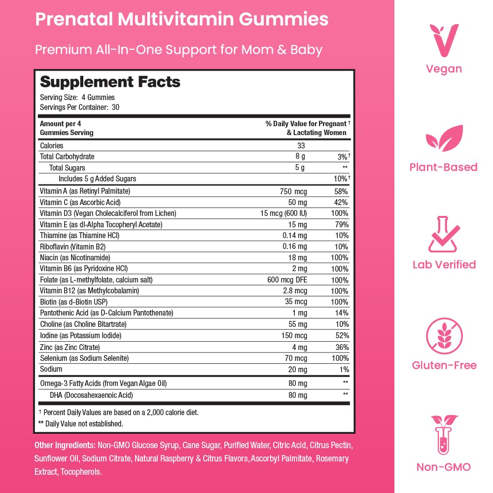 Prenatal Vitamin Gummies with DHA | Vegan Prenatal Vitamins for Women with Omega 3, Methylfolate, Choline & D3, Pregnancy Vitamins for Fetal Development