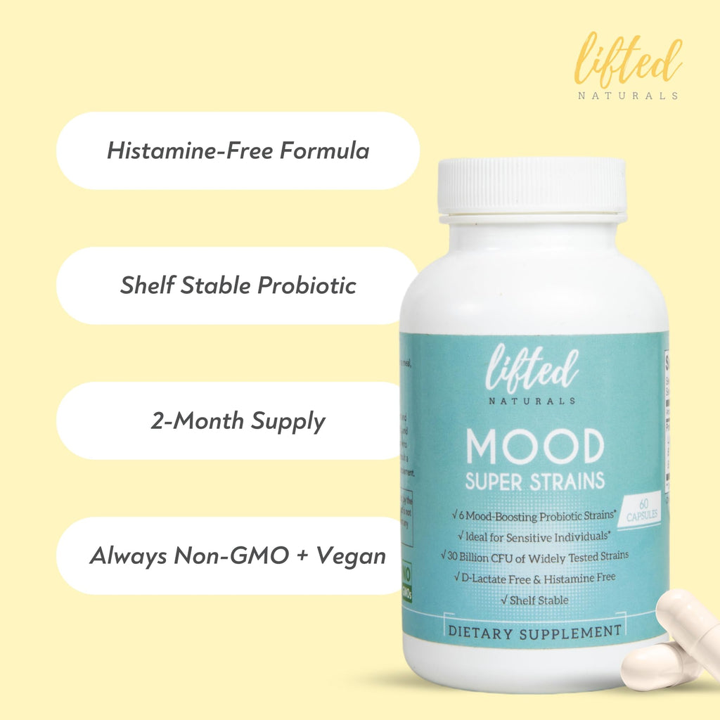 Probiotics - Mood Super Strains Probiotic - Naturally Supports Digestion & Mood - Histamine-Free Probiotics w/ L Rhamnosus GG, Shelf Stable Probiotic Supplement, 60 Day Supply, Non-GMO, VEGAN Lifted Naturals Au supplements
