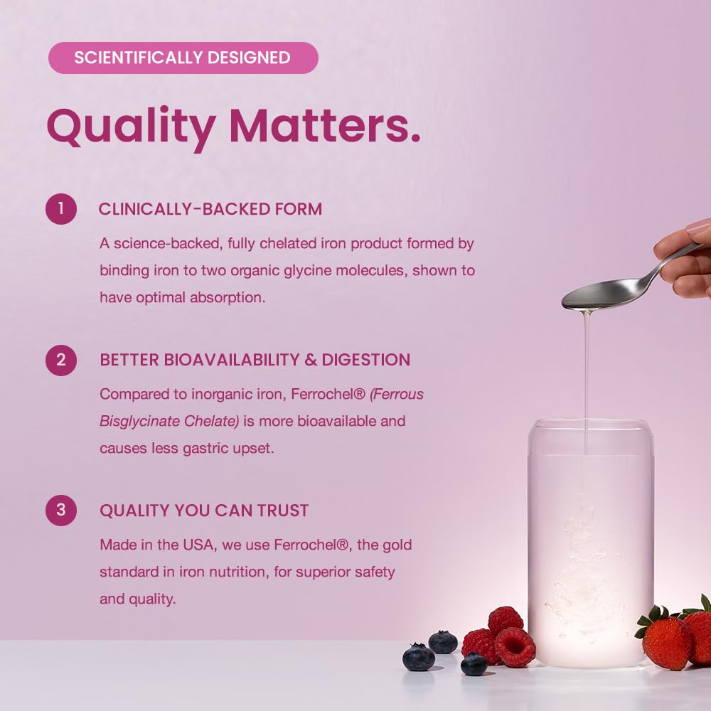 Organic Liquid Iron Supplement for Women, Men & Kids with Vitamin C | Sugar Free Natural Berry Flavor Non Constipating Vegan Ferrochel