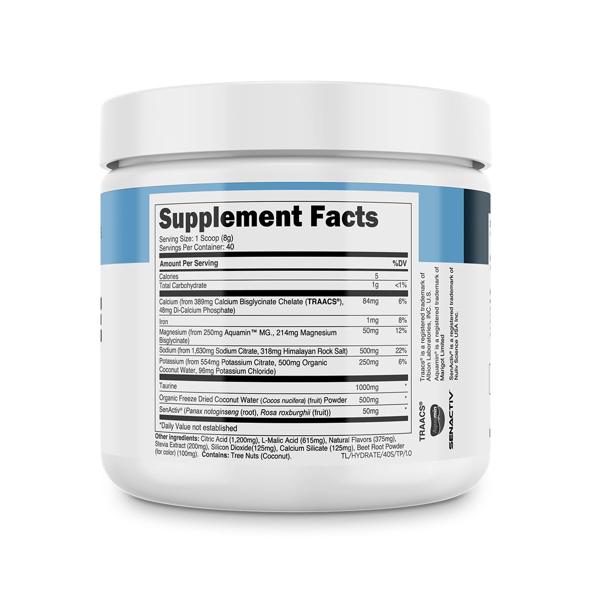 Transparent Labs Hydrate Naturally Sweetened Electrolytes Powder - Hydration Powder Electrolytes with Coconut Water, Calcium, Taurine, & Potassium