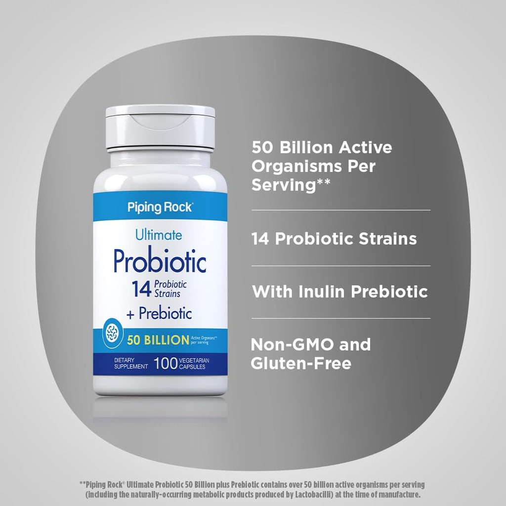 Piping Rock Probiotic and Prebiotic for Women and Men | 50 Billion CFU | 100 Capsules | Ultimate 14 Strain Supplement | Vegetarian, Non-GMO, Gluten Free