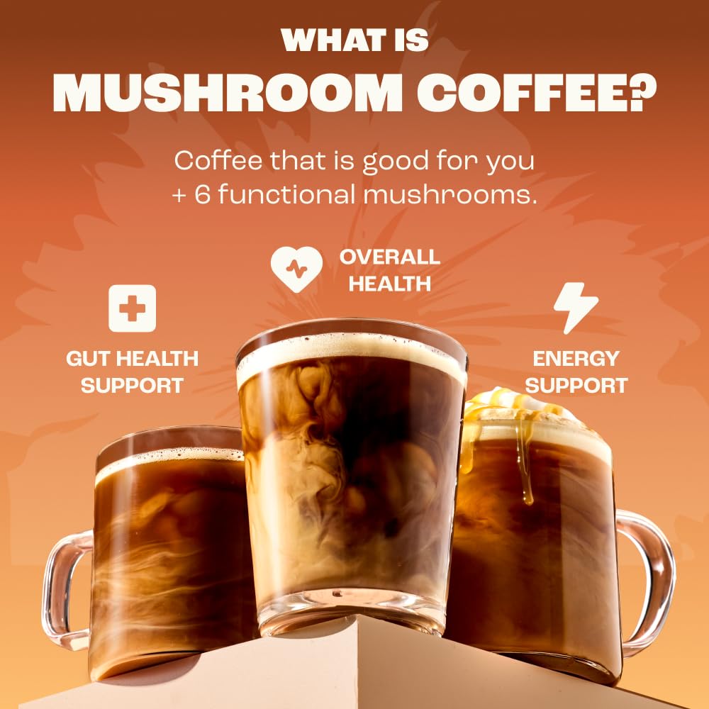 RYZE SUPERFOODS Mushroom Medium Roast Coffee USDA Organic with 6 Adaptogenic Mushrooms, USA Grown Instant Coffee for Better Energy