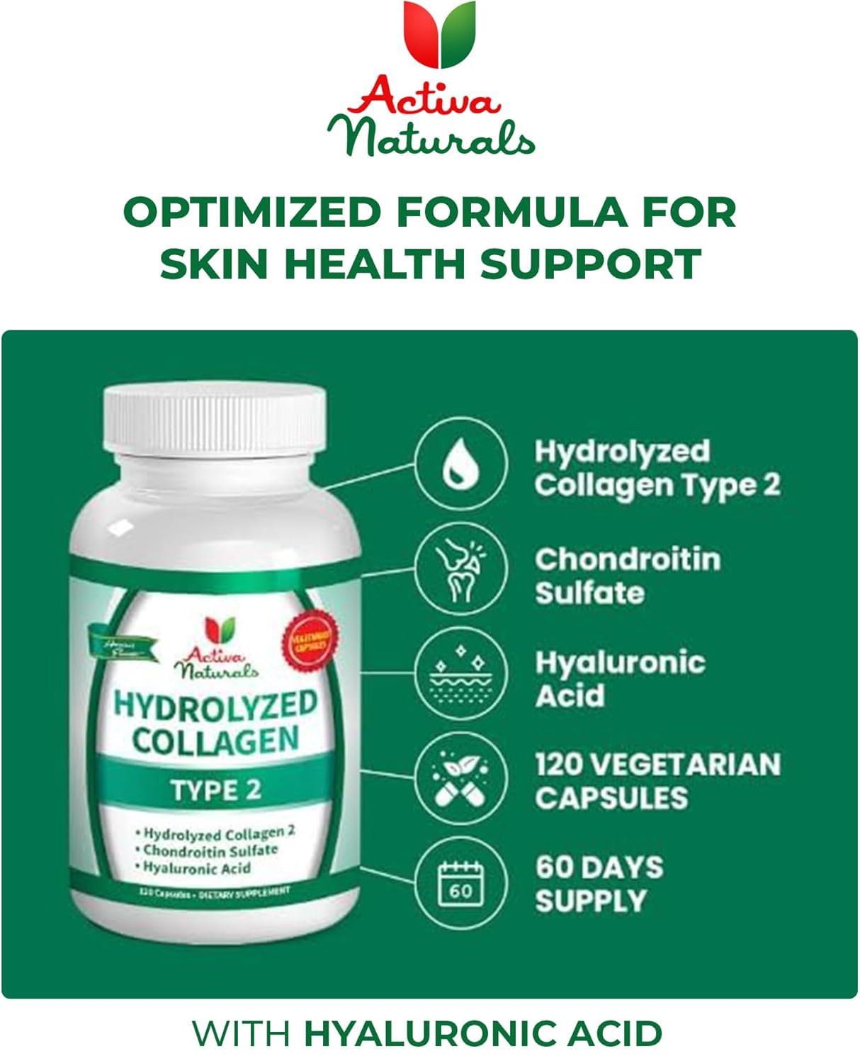 Activa Naturals Collagen Type 2 Hydrolyzed Supplement with Chondroitin and Hyaluronic, for Healthy Hair, Skin, and Nails, No Fillers, Additives, and No Artificial Colors - 120 Vegetarian Capsules Activa Naturals Au supplements
