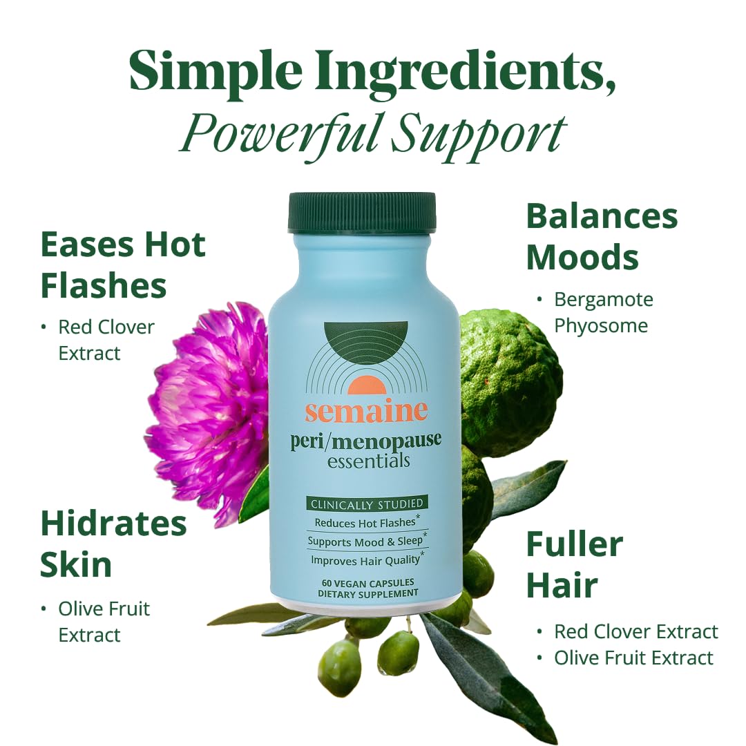 Semaine Peri/Menopause Essentials, 60 Ct. - Fuller Hair, No More Hot Flashes, Hormone Balance, Better Sleep & More - Clinically-Studied, Non-Hormonal Formula Semaine Au supplements