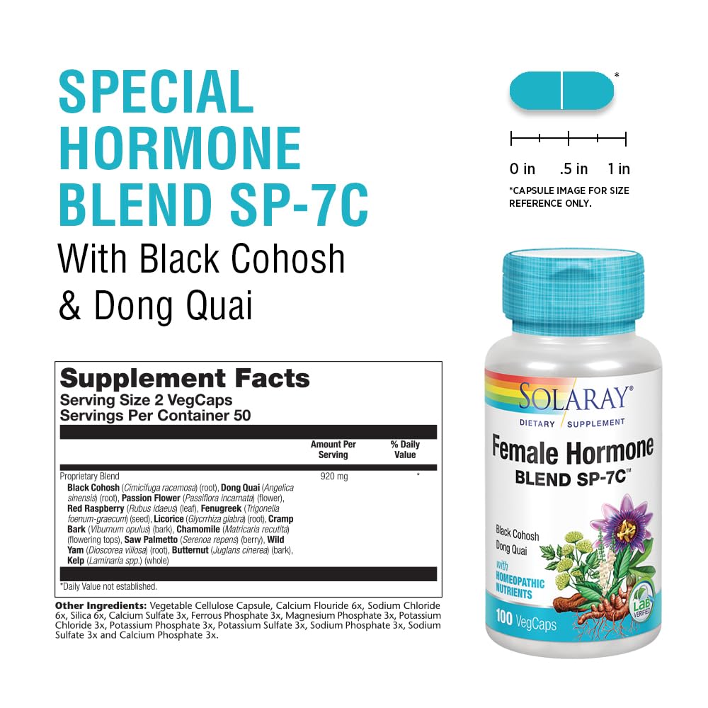 SOLARAY Female Hormone Blend SP-7C | W/Black Cohosh, Dong Quai, Passion Flower, Wild Yam & More | 100 VegCaps, 50 Serv. SOLARAY Au supplements