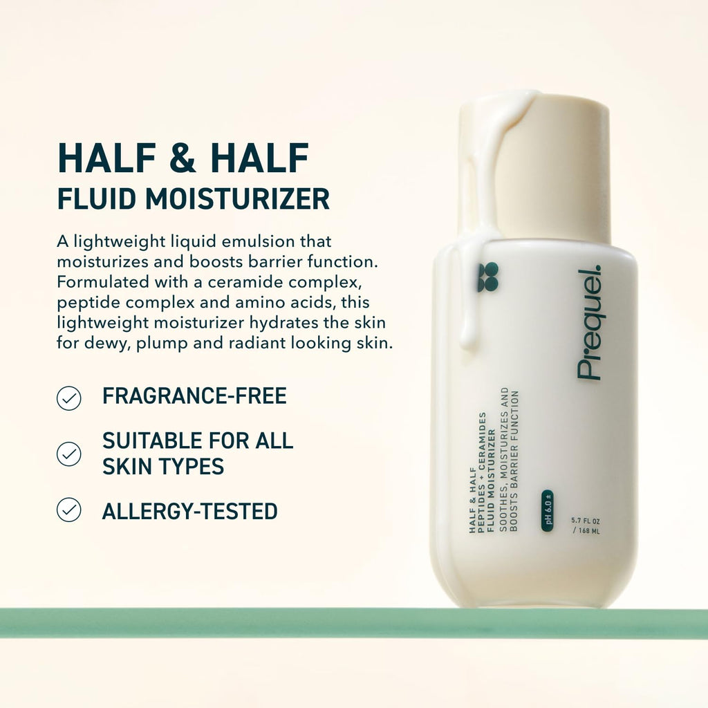 Prequel Skin Half and Half Fluid Moisturizer Face Cream. Lightweight Ceramide Peptide Lotion for All Skin Types