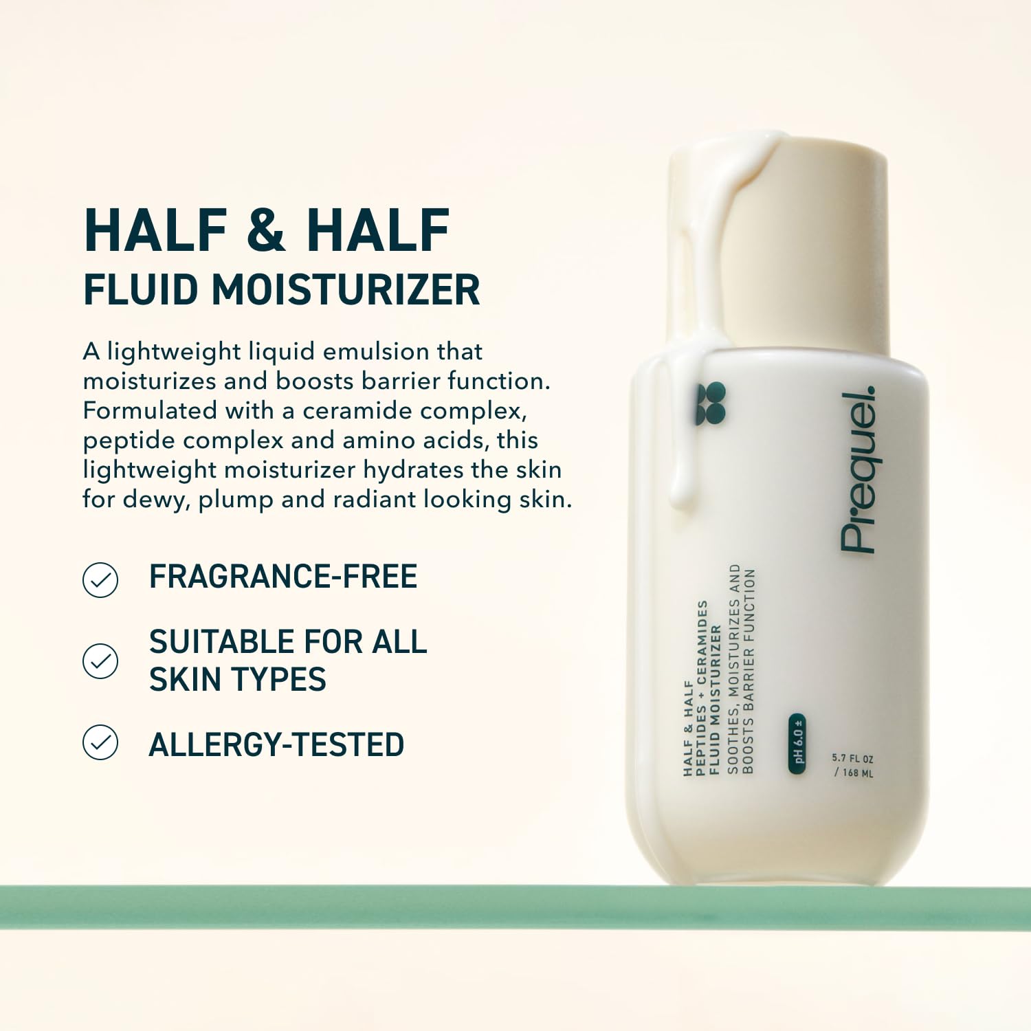 Prequel Skin Half and Half Fluid Moisturizer Face Cream. Lightweight Ceramide Peptide Lotion for All Skin Types