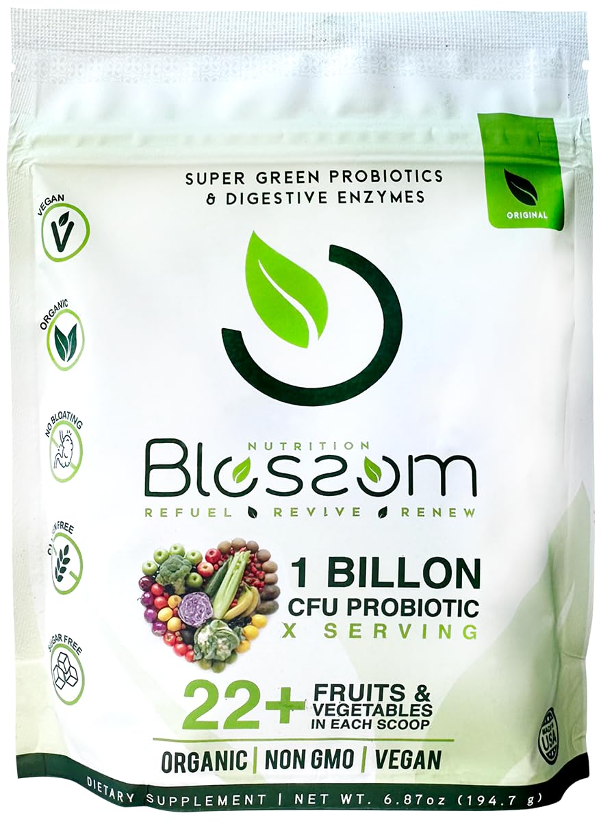 Blossom SuperGreens Probiotics – Digestive Enzymes with Pre/ProBiotics for Bloating Relief – 30+ SuperGreens & SuperReds to Boost Energy –Organic, Gluten-Free, No Fiber, 0g Sugar (Lemon Citrus) BRANIA Au supplements