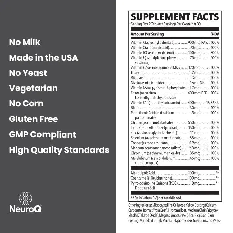 NeuroQ Daily Essentials Multivitamin – High‑Potency Brain & Body Support with Choline 550 mg, PQQ, CoQ10, Alpha Lipoic Acid LifeSeasons Au supplements
