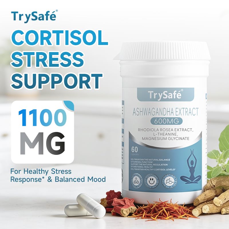TrySafe 1100MG Cortisol Supplements for Women and Man with 600MG Ashwagandha, 200MG Rhodiola Rosea, 200MG L-Theanine, 100MG Magnesium Glycinate | for Healthy Stress Response*, Mood* TrySafe Au supplements