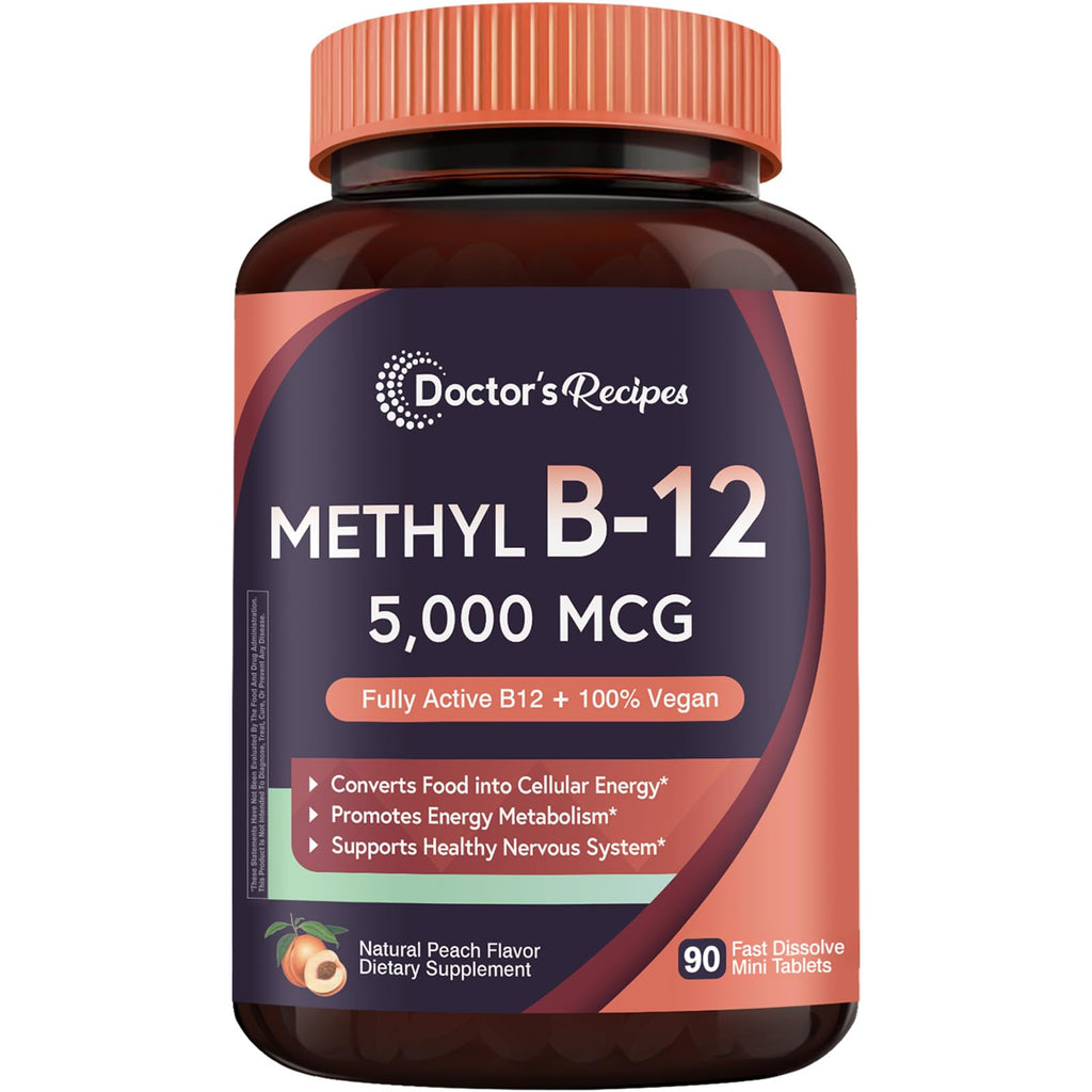 Doctor's Recipes Vitamin B12, Methylcobalamin 5000 mcg 90 Fast Dissolve Tablets, Natural Peach Flavor, Vegan Methyl, Energy Metabolism & Nervous System