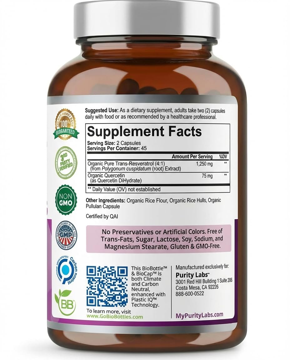 Purity Labs Trans-Resveratrol Supplement 5,000 mg Equivalent per Serving with Quercetin, USDA Organic High Potency Antioxidant,